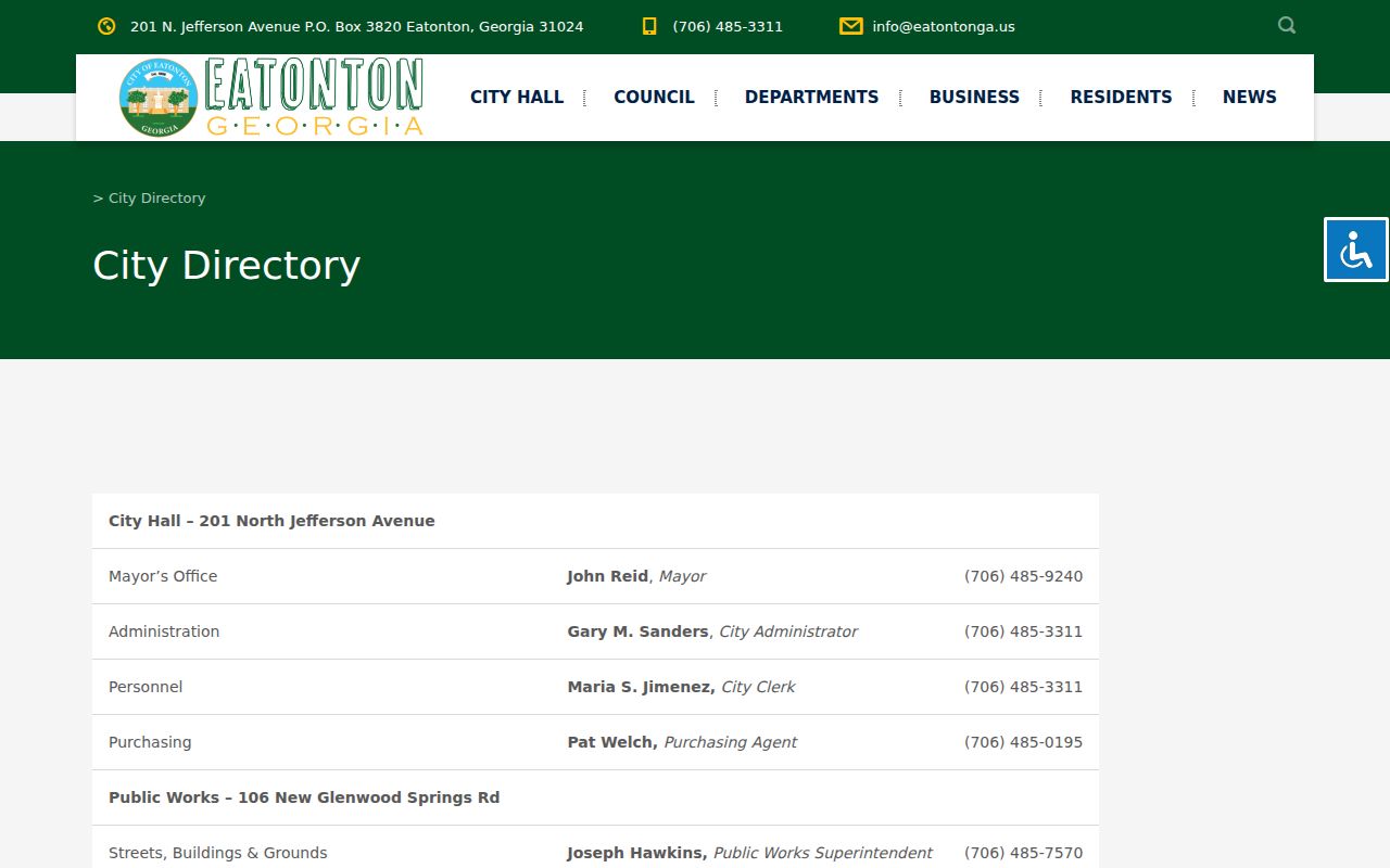 Eatonton city directory with Municipal Court contact information
