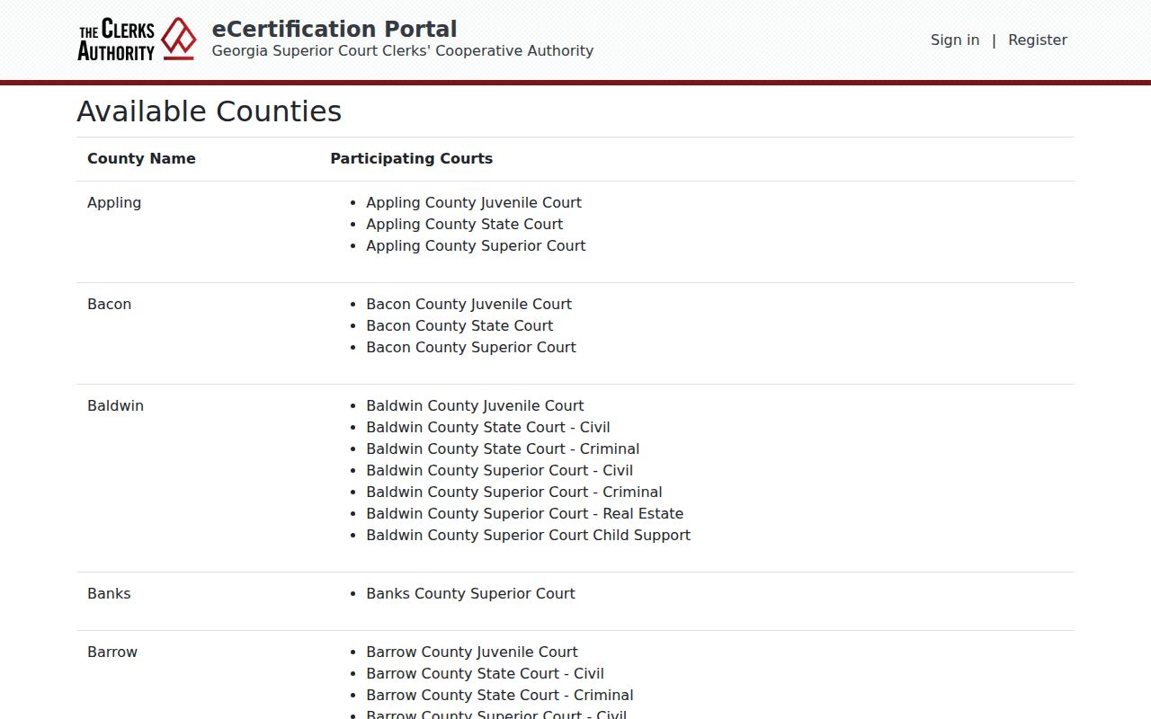 GSCCCA eCertification participating counties screen for Putnam court records
